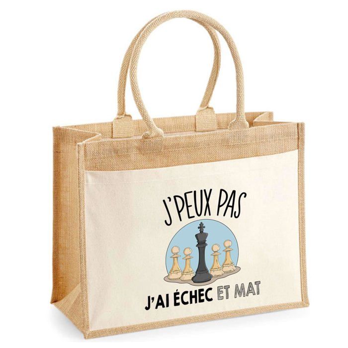 Sac de plage - PLANETEE - Jute avec poche Echec et Mat J'peux pas - Coton imprimé en France - 43x33 cm - Anses bandoulière