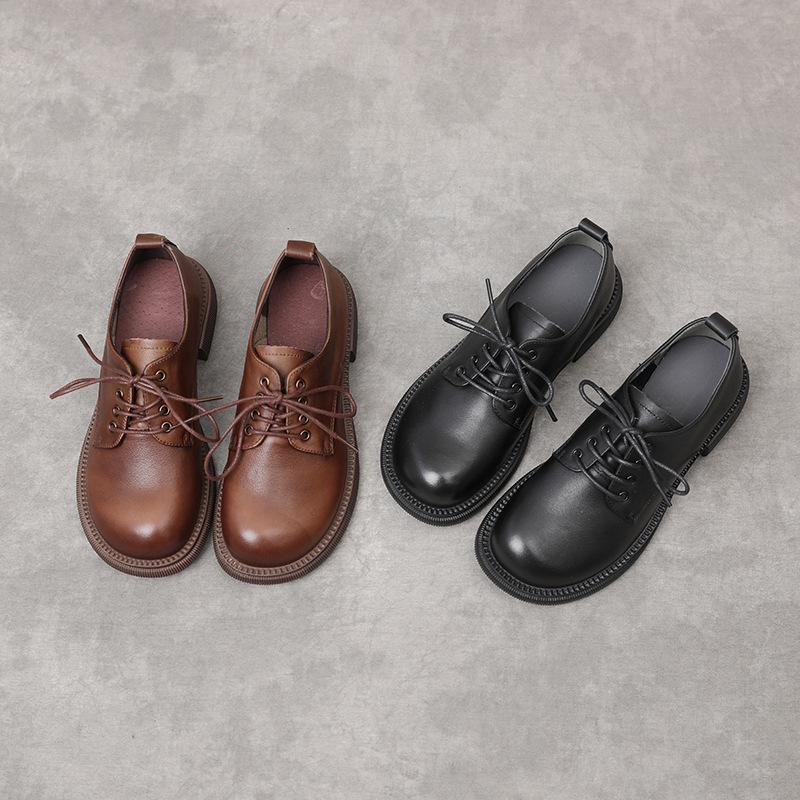 2023 Autumn Women's Genuine Leather Round Toe Lace-Up Flats with Soft Sole and Low Heel