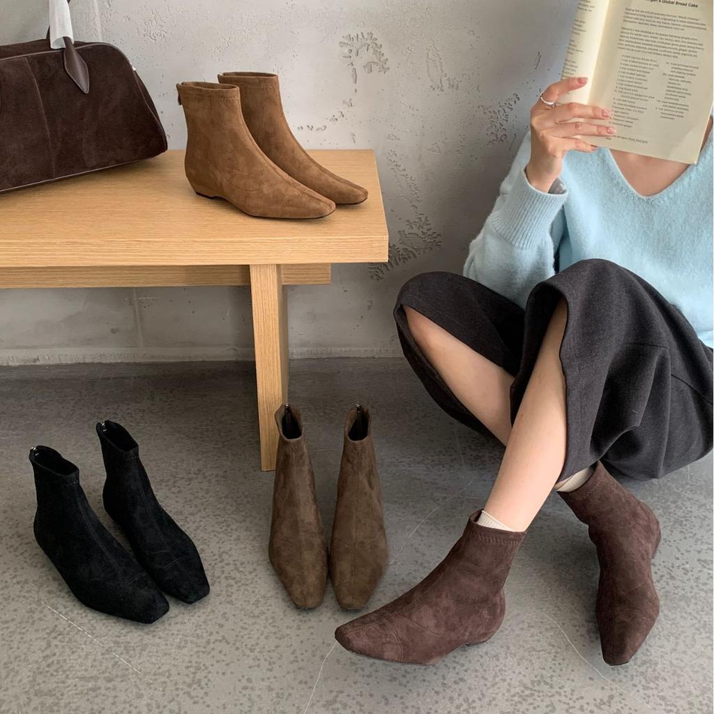 2025 New Autumn Square Head Short Thick Heel Suede Thin Low Tube Martin Fashion Rear Zipper Chelsea Women's Boots