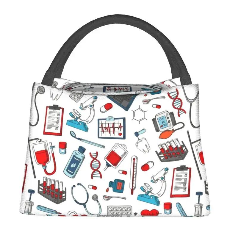 Nurse Nursing Tool Pattern Insulated Lunch Bag for Work Office Resuable Thermal Cooler Bento Box Women
