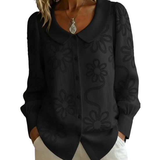 Women Shirt Loose Fit Doll Collar Long Sleeve Buttons Placket Shirt Tops Embroidery Flower Jacquard Pattern Loose Fit Shirt