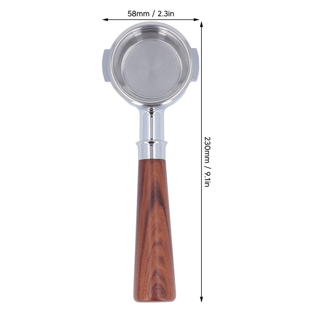 58mm Bottomless Portafilter, 2-Lug Wooden Handle Bare Portafilter for Expobar, Rocket, Faema, Rancilio, EM19M2, CRM3605, and CASADIO, Includes Filter