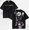 2026 Summer NieR: Automata 2B Double-Sided Printed Black Washed Loose Pure Cotton T-shirt, Anime Harajuku Street Style T-shirt