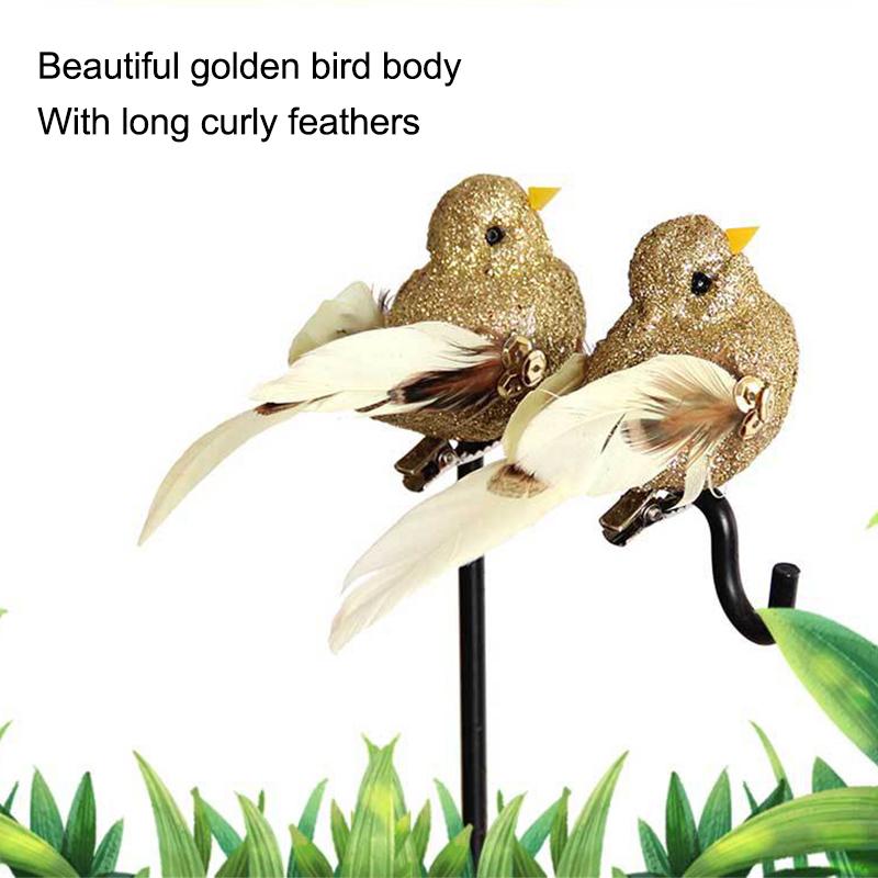 1pcs Simulated small bird with gold powder feathers, green plants, garden greening decoration, artistic bird .