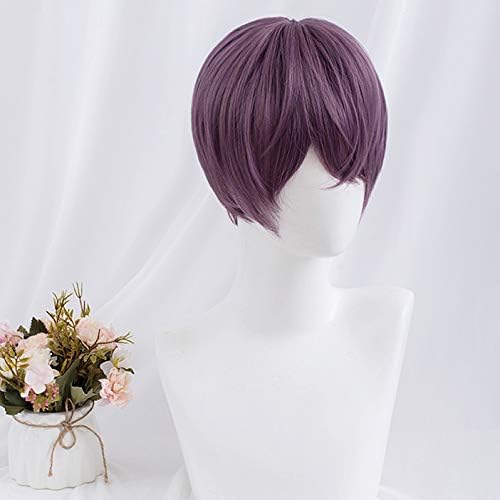 Harajuku-style purple short wig, semi-long, men's, fashionable, with net, natural look, unisex