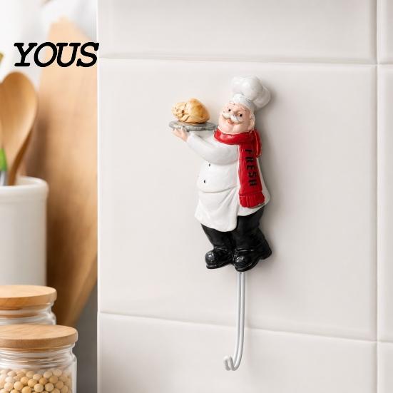 Kitchen Wall Hook Cute Chef Shape Hook, Strong Resin No Punch Bearing Capacity Adhesive Backing Decorative for Home Hang Utensils Dishcloths
