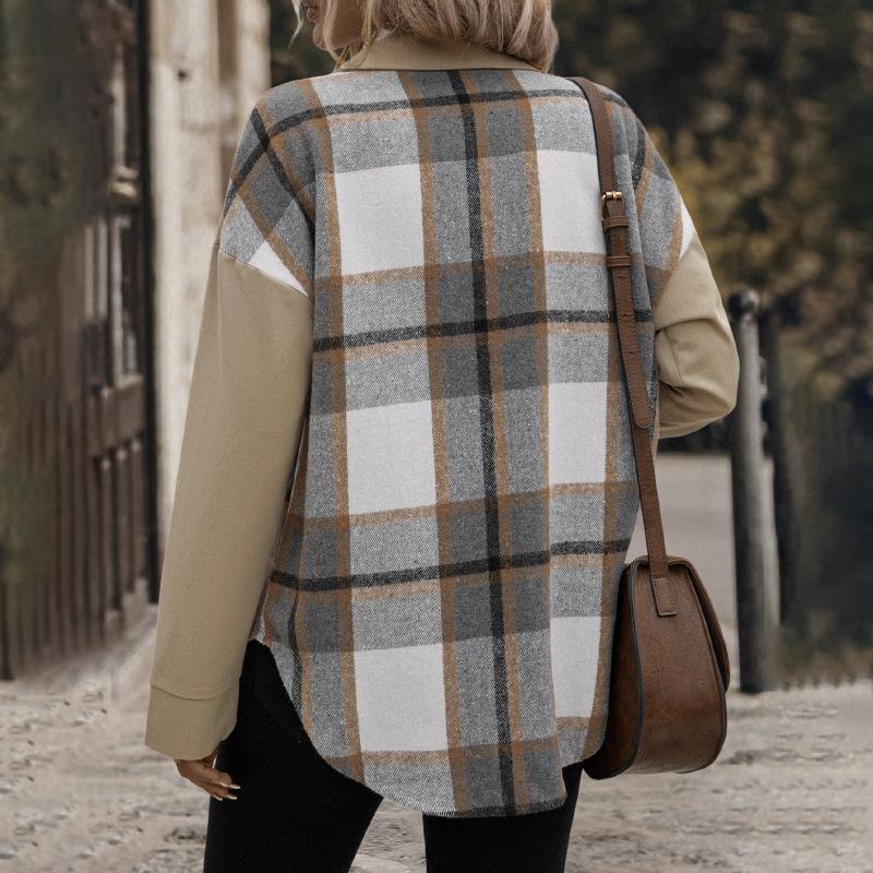 Veste décontractée à carreaux et poches à revers pour femme, grande taille, automne