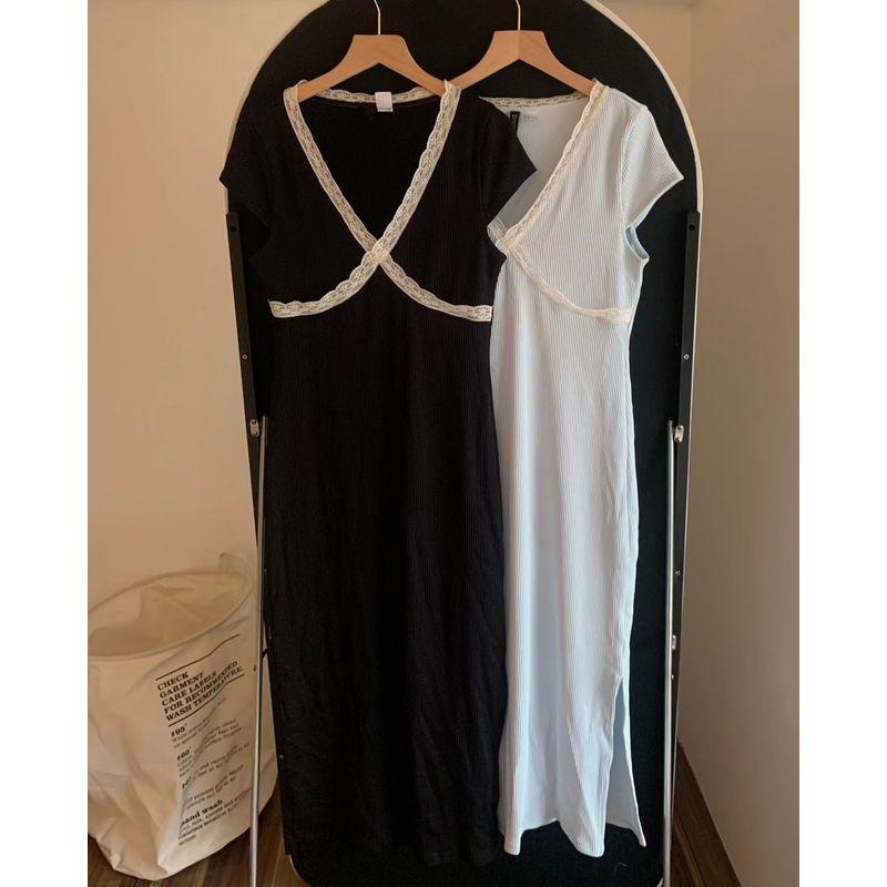 

H Домашнее платье с V-образным вырезом, кружевное, из французской нити, с коротким рукавом, средней длины, длинное Black (Flaw XXS