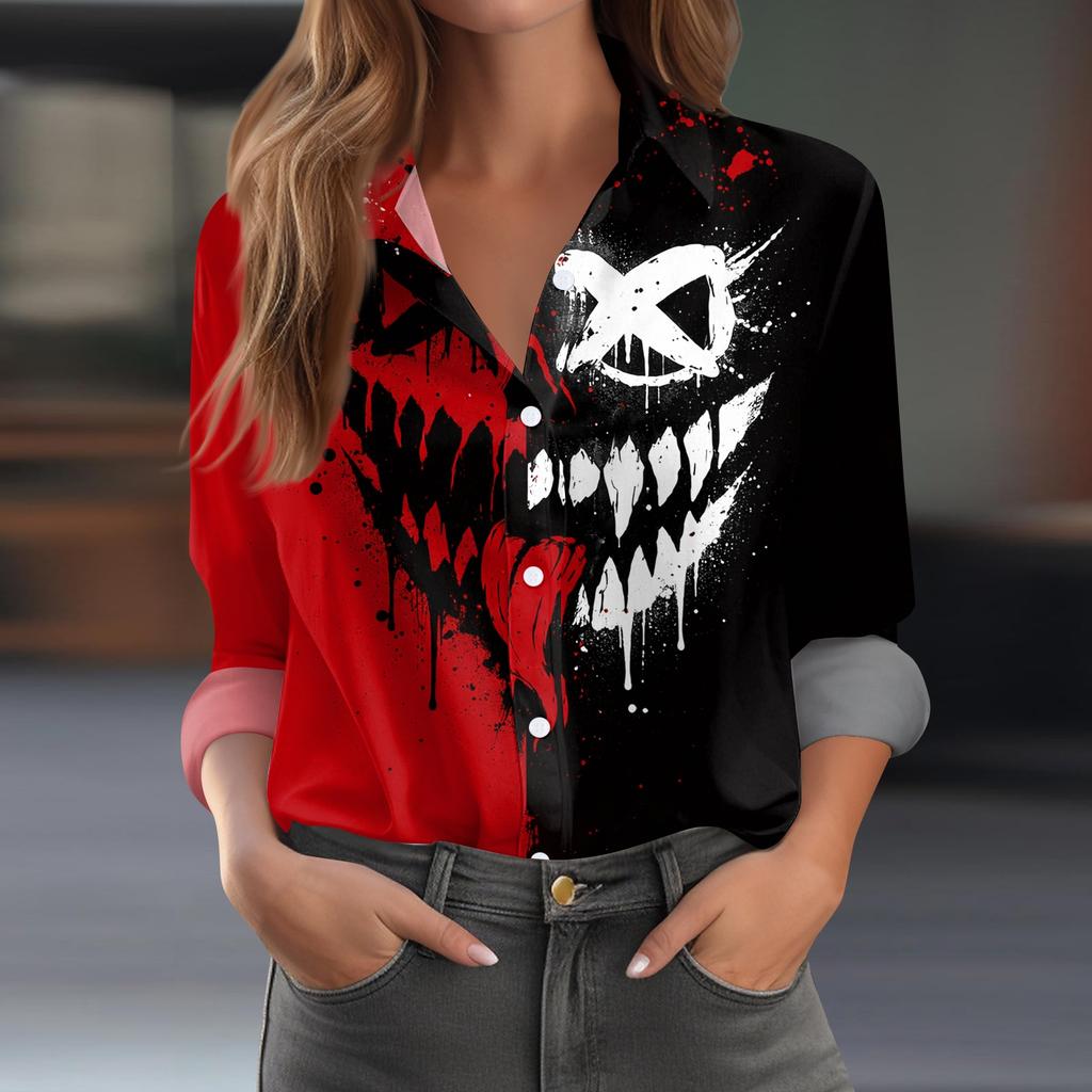 Women's Halloween Printed Long Sleeve Casual Button Down Shirt