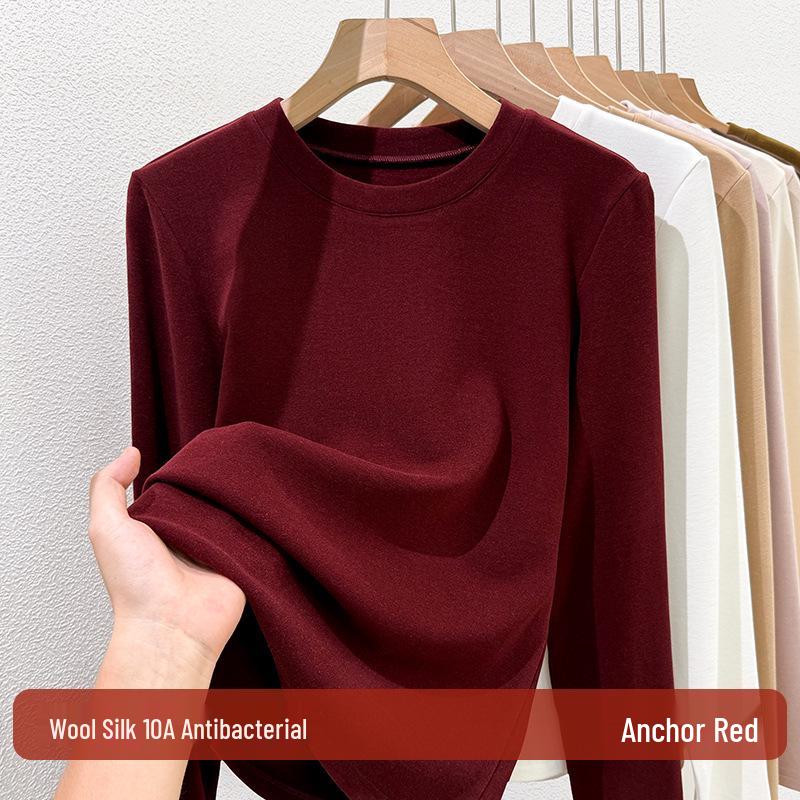 Women's Wool Silk Round Neck Base Layer Shirt - Autumn/Winter 2025 Collection, Velvet-Thickened for Warmth