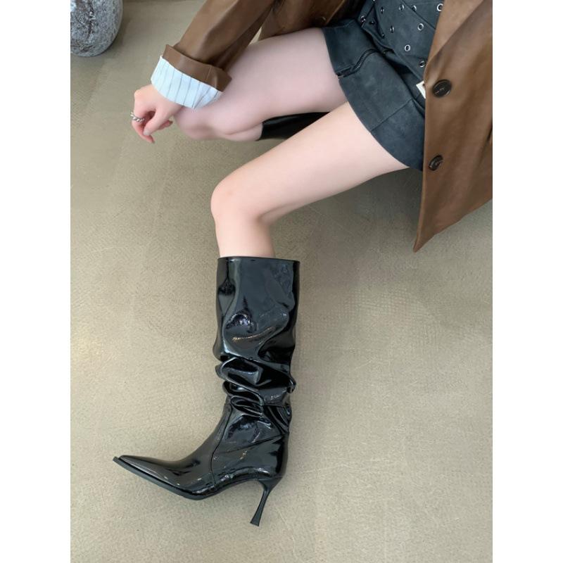 2025 autumn and winter new fashion high-heeled pointed temperament stacking boots long boots fashion patent leather thin boots show