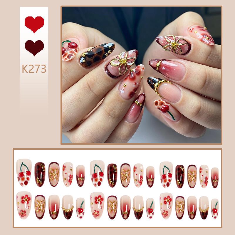European Trend Almond-Shaped Wearable Nails: 3D Floral & Leopard Print with Gold Plating