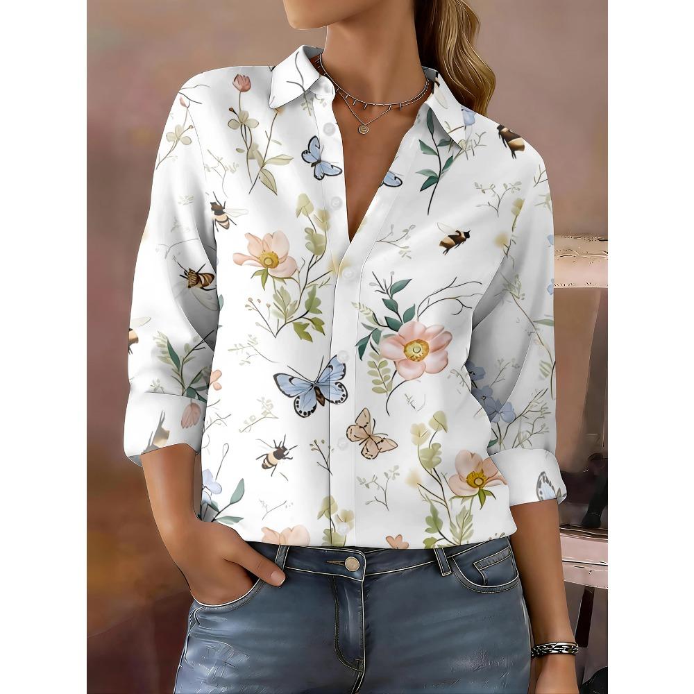 New fashion women's button-down shirt flowers, plants, butterflies, bees pattern, white background decorative printing