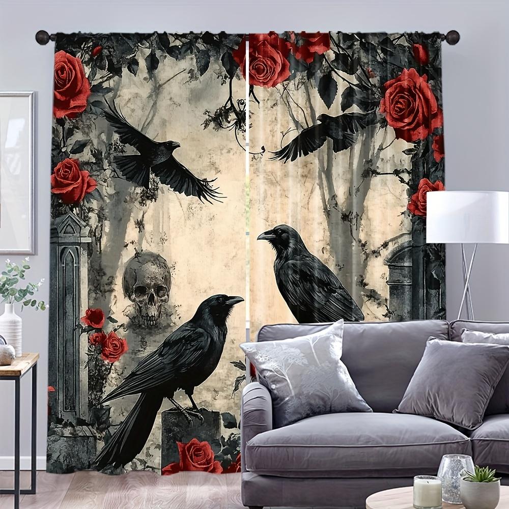 2pcs Gothic Style Print Curtains Crow Raven Red Rose Skull Design Dark Romantic Polyester Window Drapes for Living Room Bedroom