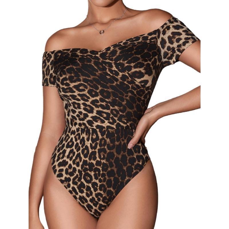 Women's Leopard Print Short Sleeve Tight-Fit Bodysuit