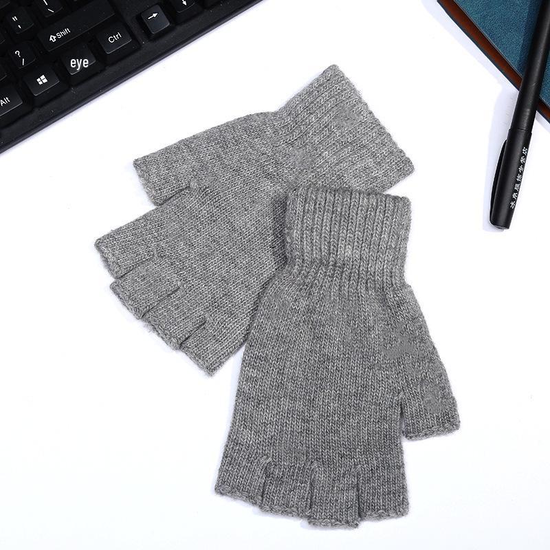 Herren Halb-Finger Strickwollhandschuhe - Warm, Dick, Einfarbig, Fingerlos zum Tippen