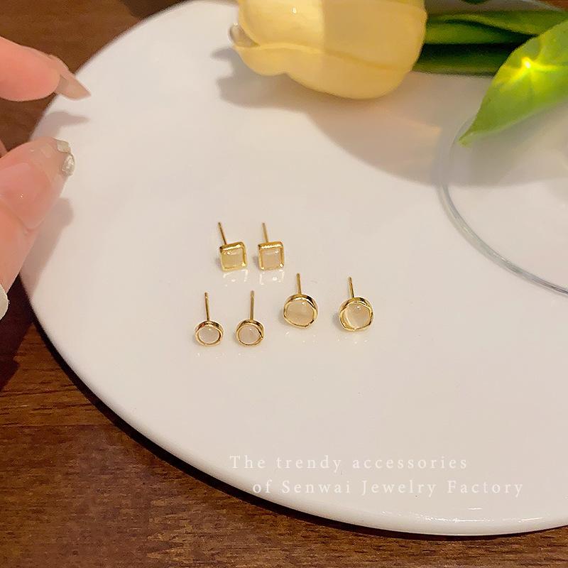 Opal geometric three-pair set, stud earrings for women's small and delicate ear holes, earrings, ears.