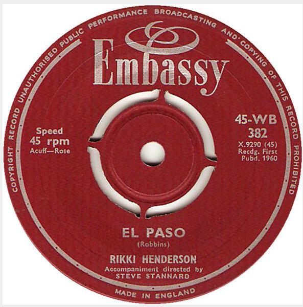 

7-дюймовая пластинка RIKKI HENDERSON El Paso What More Do You Want 45WB382 Embassy 1960 UK Pop Б/у