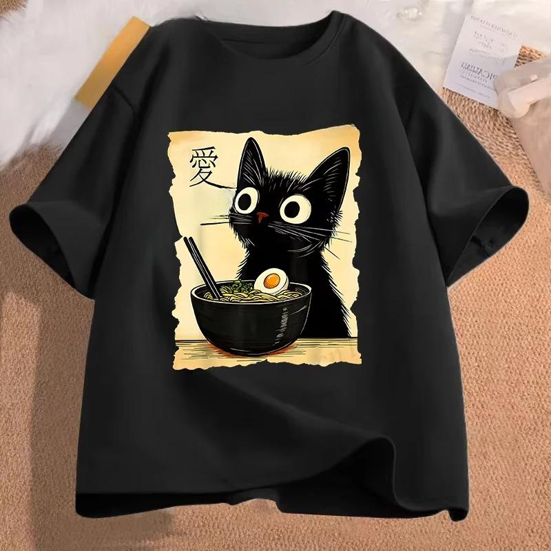 Women Funny Cat Ramen Graphic Tee Japanese Kawaii Anime Cat T-Shirt Fashion T-shirts Short Sleeve Clothes Trend Casual Tshirts