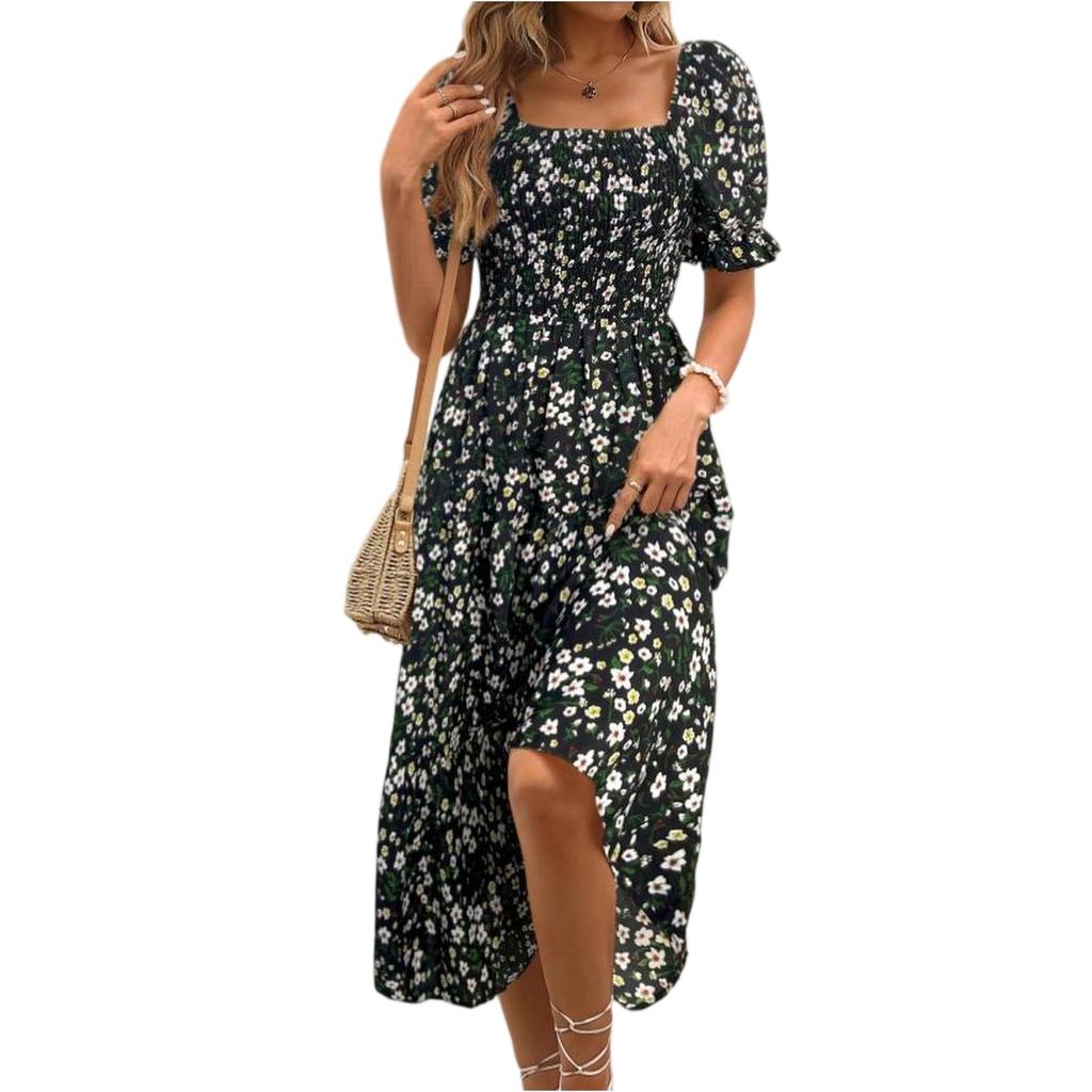 Women Square Neck Smocked Waist Layered Floral Dress with Ruffle Sleeves and Midi Length for Casual and Daily Wear