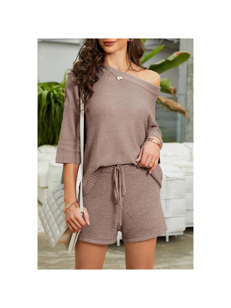Women's Two Piece Knit Lounge Set Off Shoulder Top and Shorts Matching Cute Pajama Outfit