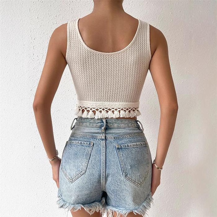 Ladies Summer Sleeveless U Collar Solid Color Casual Tassel T Shirt Vest Crop Top