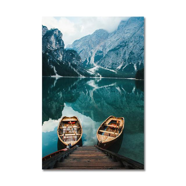 Scandinavian Natural Landscape Wall Art Poster Mountain Lake Boat Print Oil Painting Modern