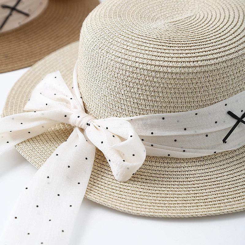 Small fresh straw hat women's flat top top hat sunshade sunscreen hat travel vacation fashion polka dot straw weaving sun hat tide