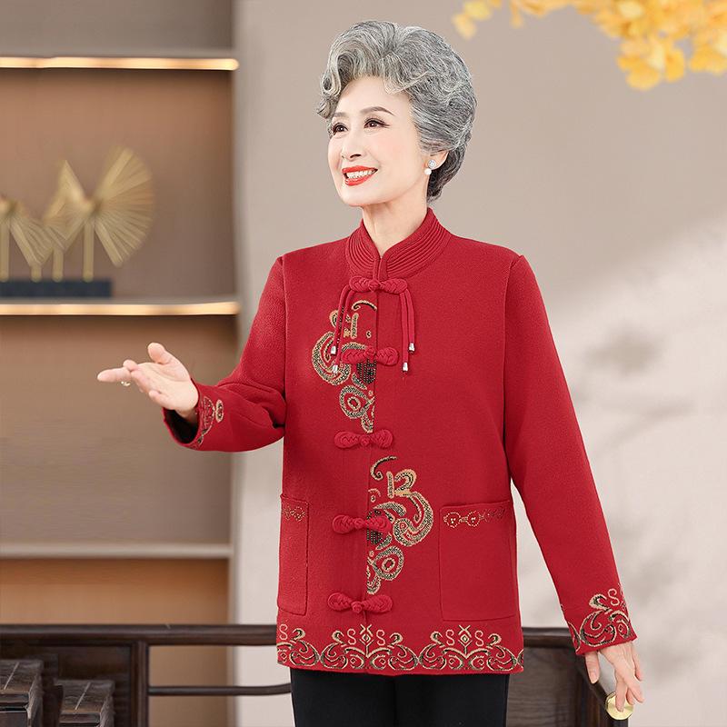 

Женский вязаный жаккардовый свитер - в китайском стиле с застежкой-пуговицей в виде лягушки, с плюшевой подкладкой, осенне-зимнее пальто для женщин среднего и пожилого возраста XXL 105-125 lbs