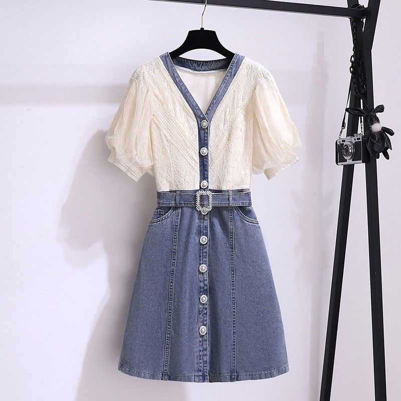 Fashionable Summer Women Dress Small Fragrance Style Lace Patchwork Denim V-Neck Unique Design