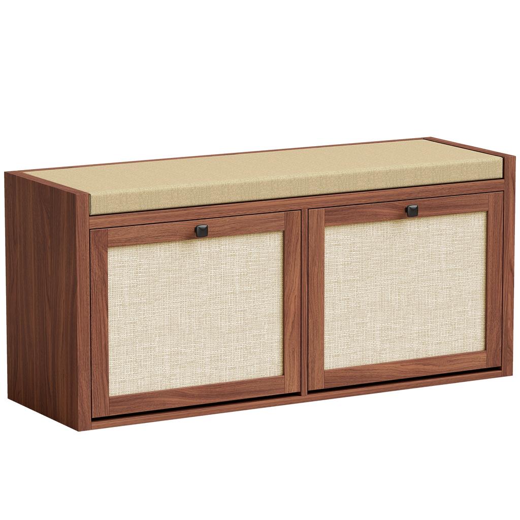 Rattan Shoe Bench With Padded Cushion And 2 Cabinets For Hidden Storage Brown