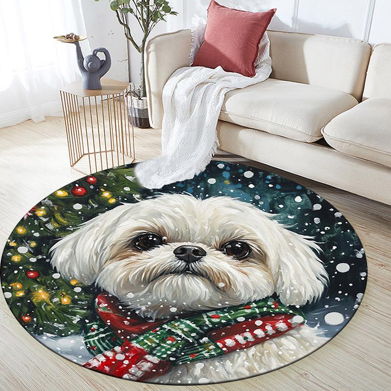 Winter Dog Round Area Rug,Carpet Rug for Living Room Bedroom Sofa Playroom Decor,Non-slip Floor Mat