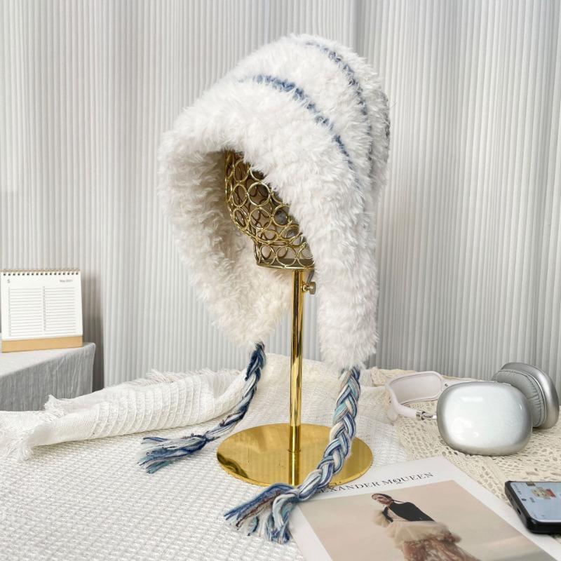 Color matching plush hat for women, thickened in autumn and winter, warm and cold-proof, small-faced outdoor knitted headgear
