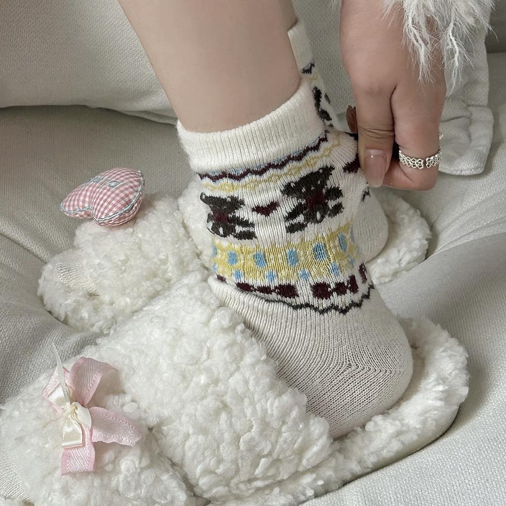 Retro Ethnic Style Wool Socks Children Thickened Warm Coffee Plush Bear Medium Tube Stacking Socks