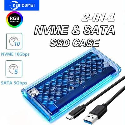 M.2 NVME/NGFF Dual Protocol SSD Enclosure Transparent Hard Drive Case USB3.2 Type-C RGB Light 10Gbps Enclosure SATA SSD Adapter