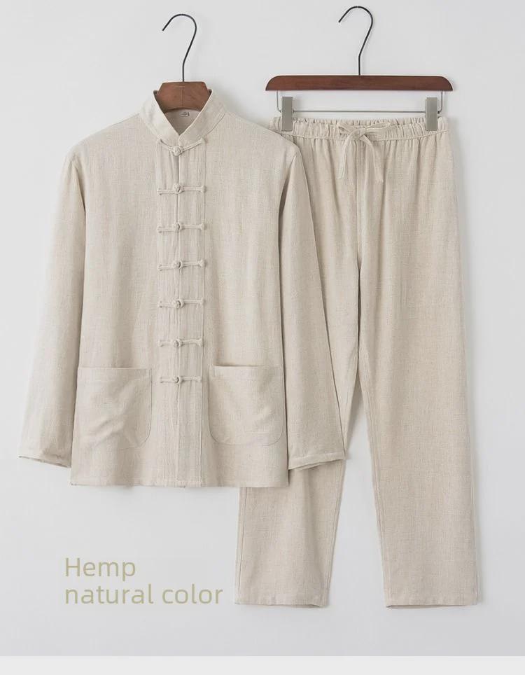 Herren Langarm Baumwolle Leinen Tang Anzug - Retro Chinesischer Stil Geknöpftes Gewand für Mittelalte und Ältere, Ideal für Tai Chi.