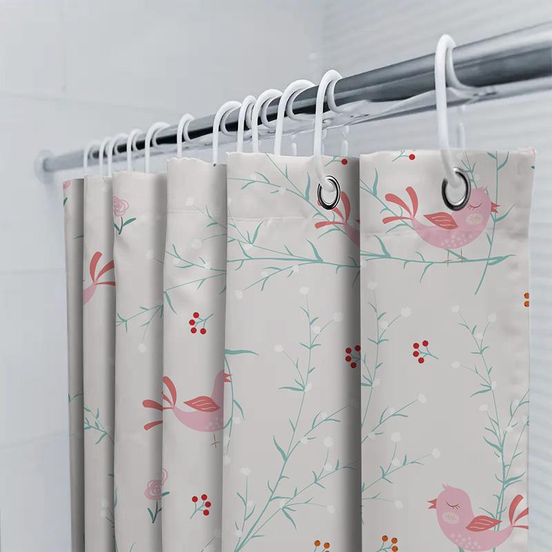 Pink Birds Branches Shower Curtain For Bathroom Decor Waterproof Fabric Bath Mat Home Decoration Gift Ideas (180X240Cm)