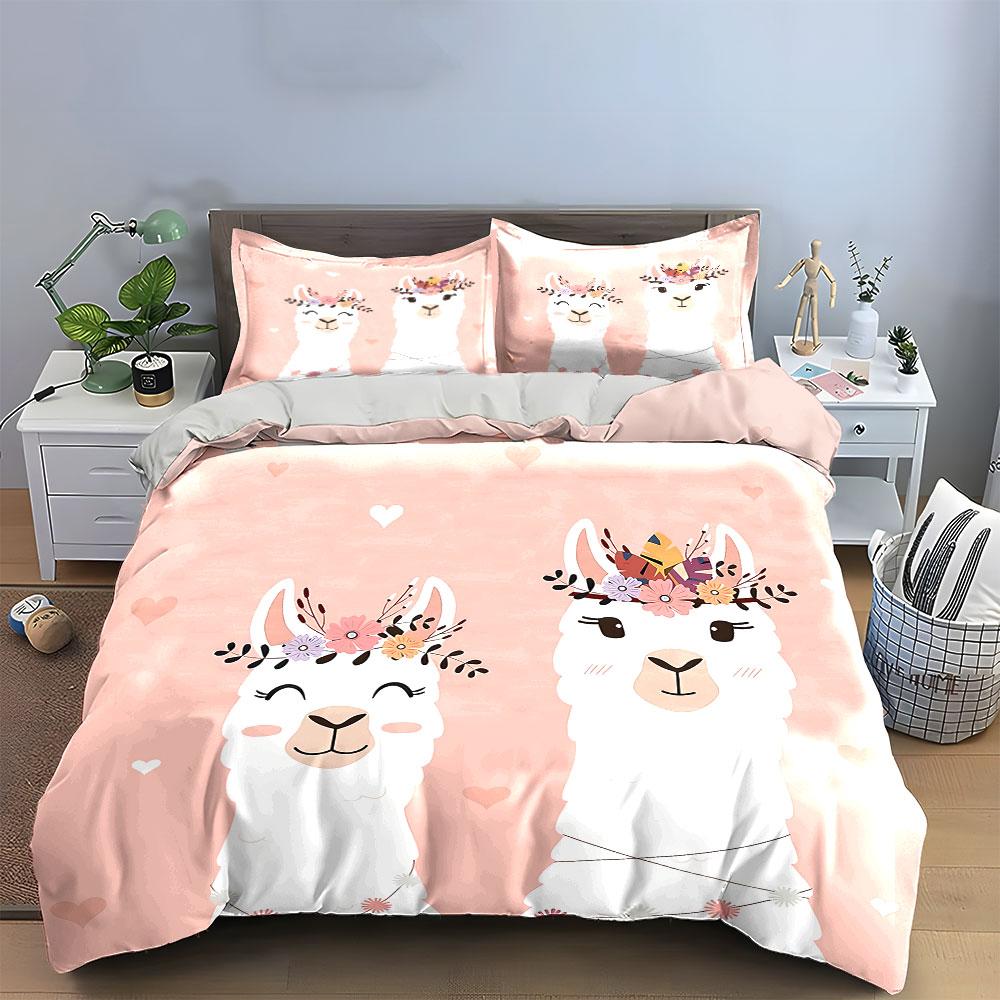 Cute Llama Pair with Flowers Bedding Duvet Cover Set Duvet Cover Pillowcases (1*Duvet Cover 2*Pillowcases, without duvet insert)