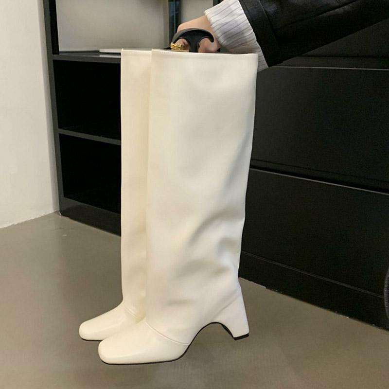 Winter Street Style Square Heels Women Knee-High Boots Fashion Cool Long Modern Booties Designer Shoes  De Mujer