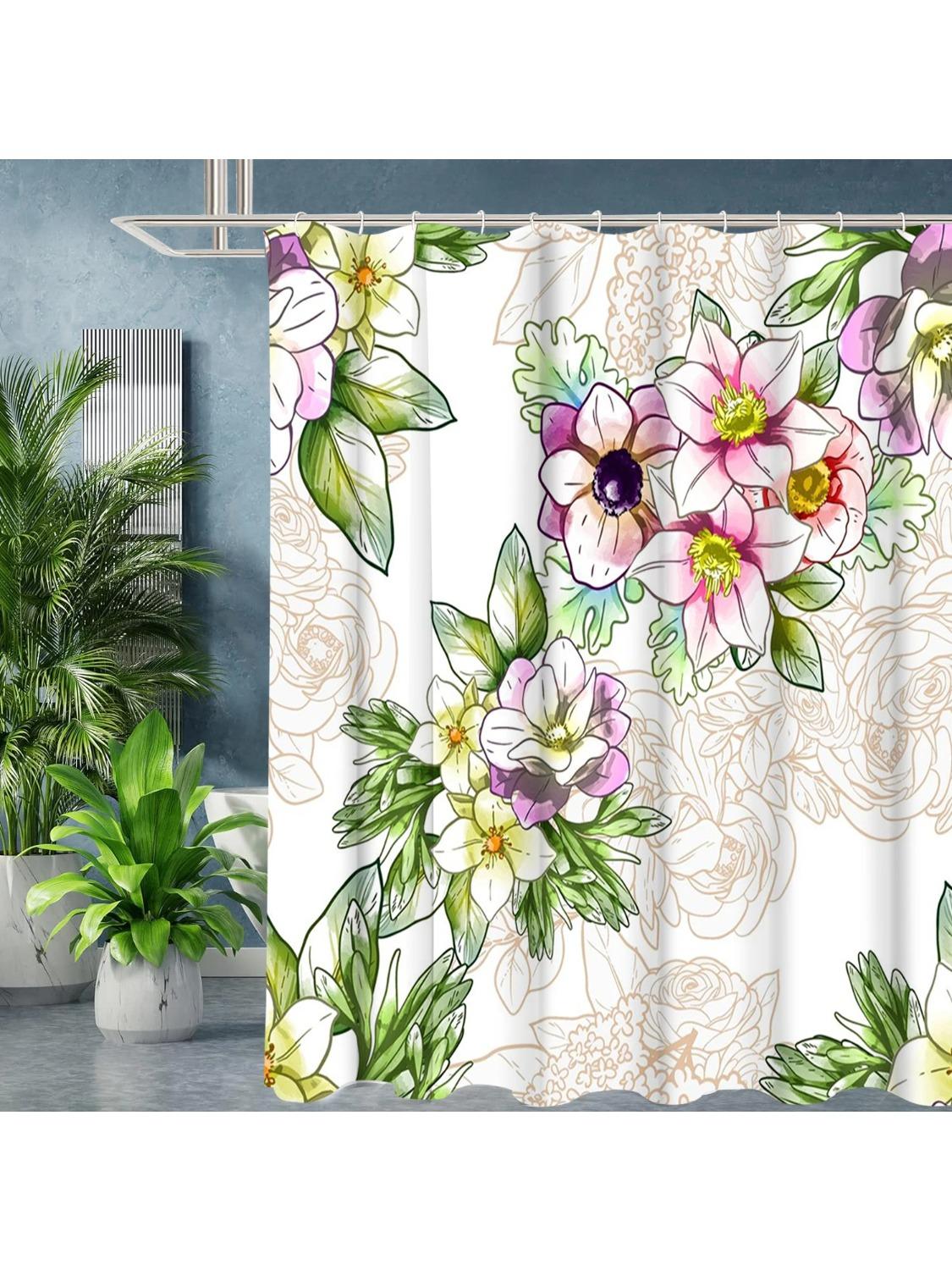 

Plant And Floral Bathing Curtain Bathroom Letters Shower Curtain Waterproof With 12 Hooks Fishes Home Deco W60H190(CM)-1 Pcs