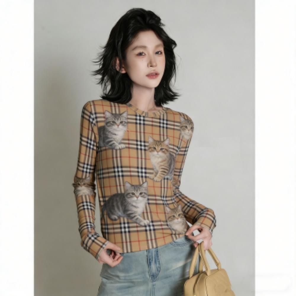 Spring Europe America Fashion Animal Cat Print Women's T-shirt Casual Pullover Women Long Sleeve Clothing Outdoor Casual Tees Top