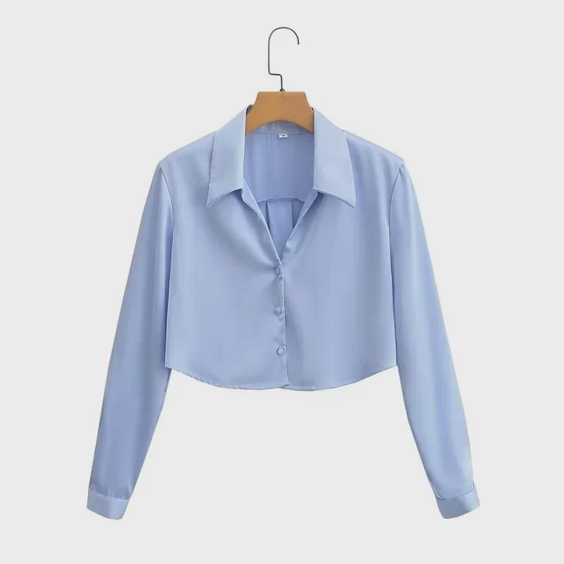 2025 Women's Summer Satin Silk Long-Sleeve Short Shirt - European & American Style