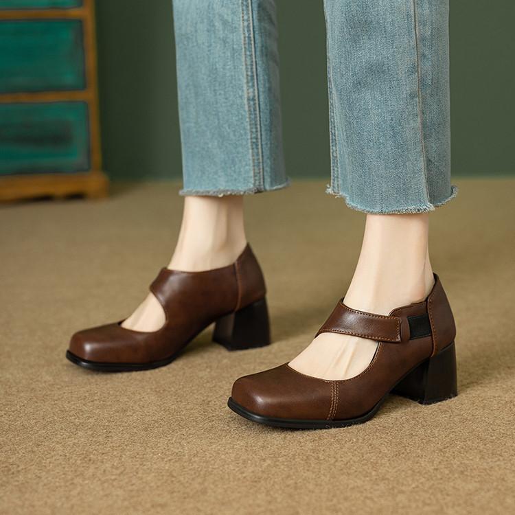 40-47ebay thick heel French retro word with Mary Jane women's shoes square head high heels light mouth single shoes spring Z53