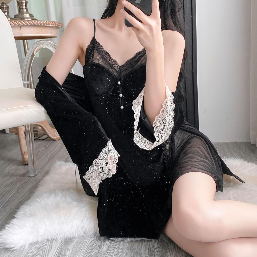 Yase [Confession Message] Sexy Pajamas Women's Golden Velvet Pure Desire Wind Suspender Pajama with Chest Pad Pajama Set
