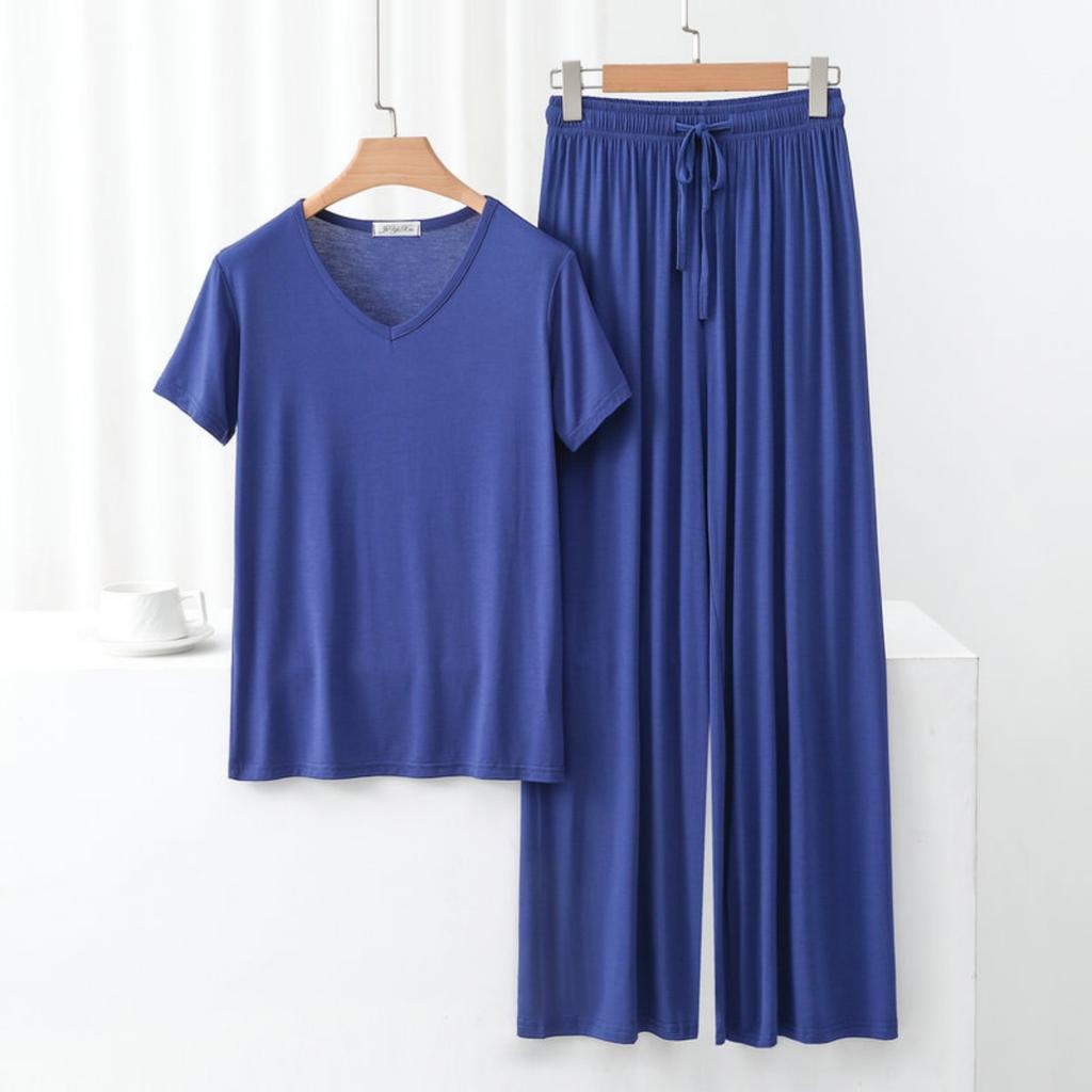 Women's Round Neck Suit Large Size Outer Wear Casual Top Wide Leg Trousers Thin Pajamas