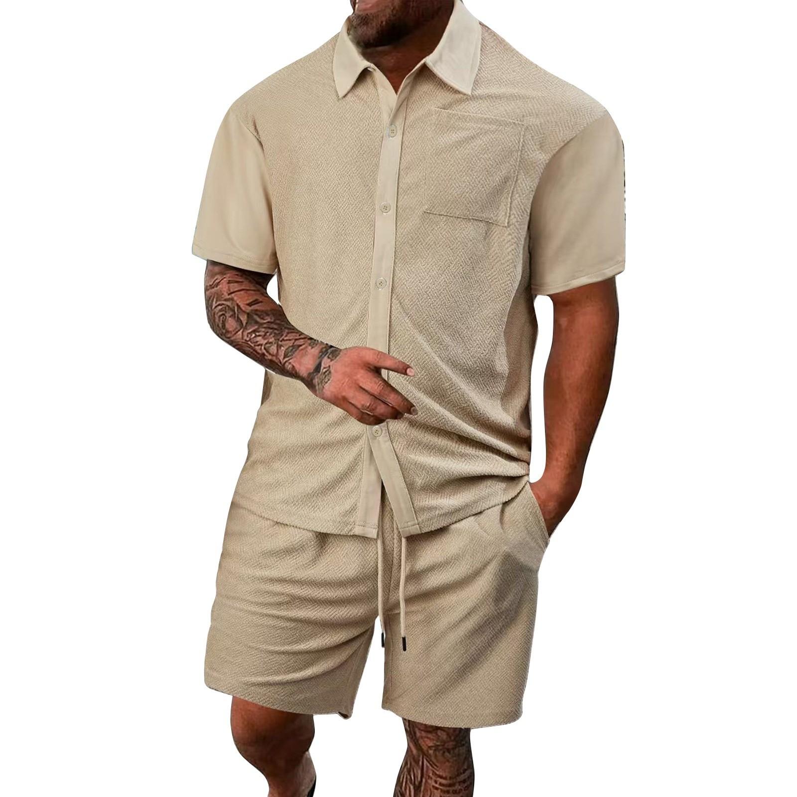 

Мужская летняя однотонная рубашка с коротким рукавом, карманом, пуговицами, лацканами и шортами XL хаки
