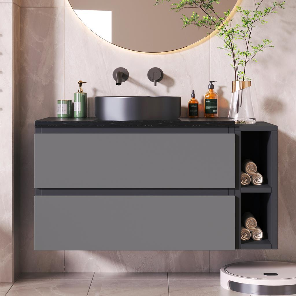 Wandmeubel 80cm Breed, met Keramische Wastafel, met Lades, Modern Design, Zwart-Grijs