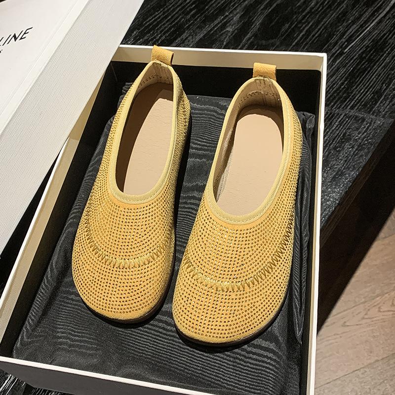 Fashion Women Flats Rhinestone Mesh Breathable Sneakers Women Soft Bottom Knit Ballet Loafers Shoes Casual Slip on Boat Shoes for Women