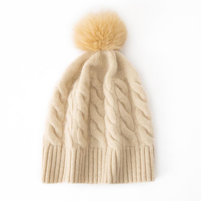 Women's 100% Cashmere Pom-Pom Hat - Three-Strand Winter Knit, Versatile Cable, Warm Ear Protection