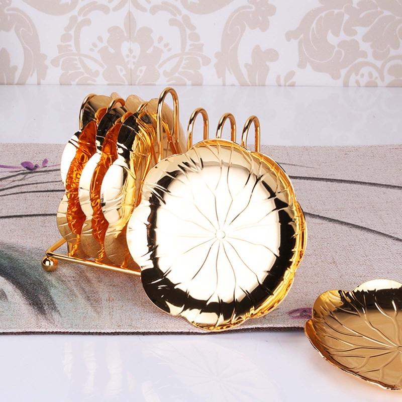 Luxe theeschotel Lotusbladpatroon Vintage theekopjes schotels met metalen standaard Drankonderzetters Theeservies Huisverwarmingscadeau